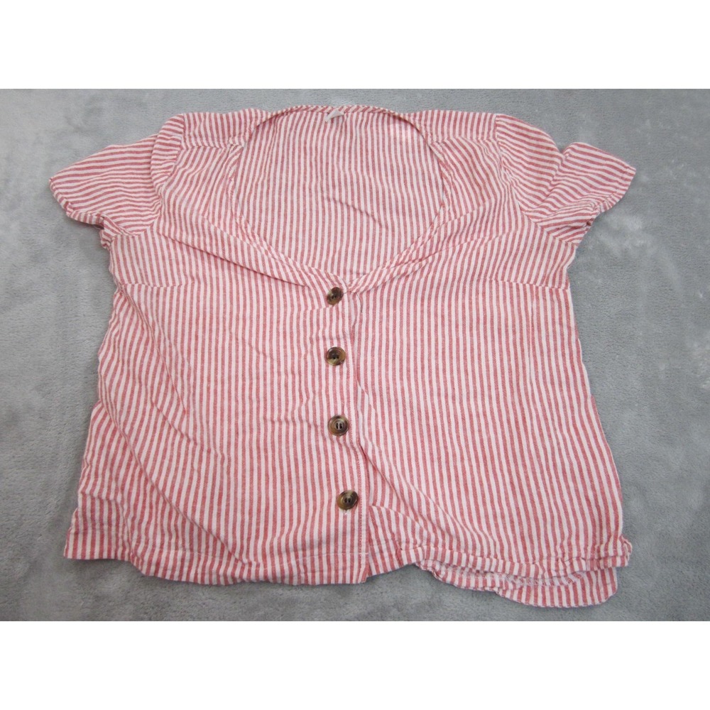 BP Striped Button Front Top Womens S Red White V-Neck Short Sleeve Casual Blouse